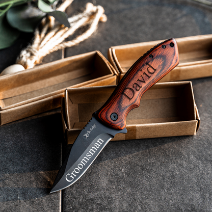Set of 5  Red Wood Handle Black blade Knives