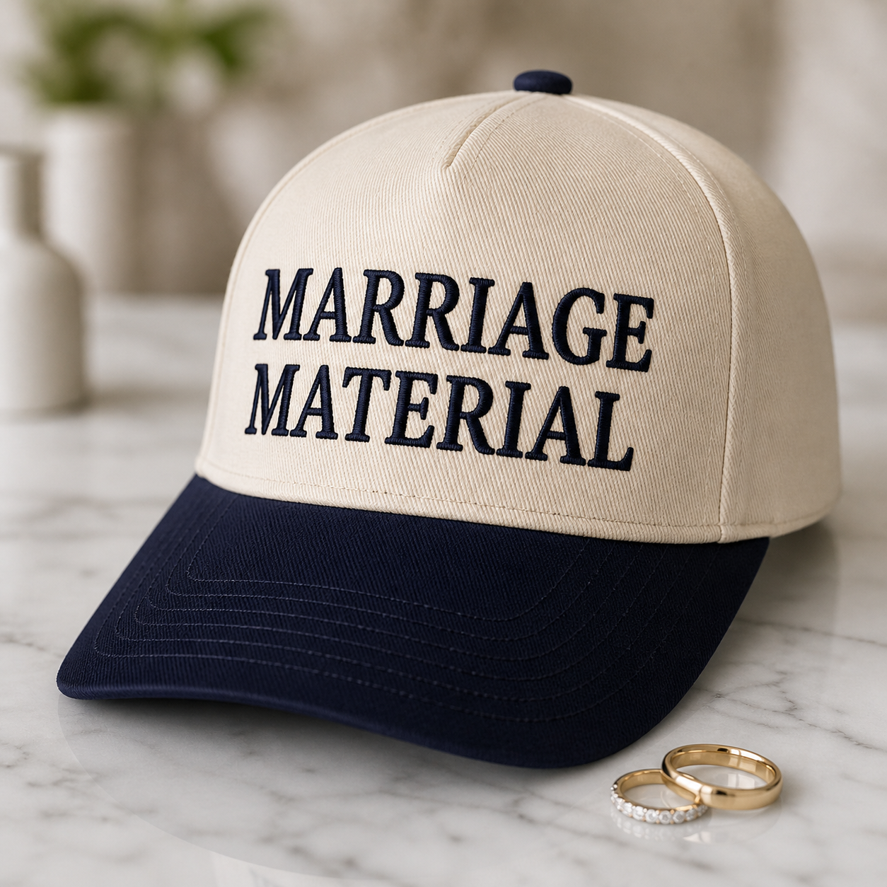 Marriage Material trucker hat side view, anniversary gift for him