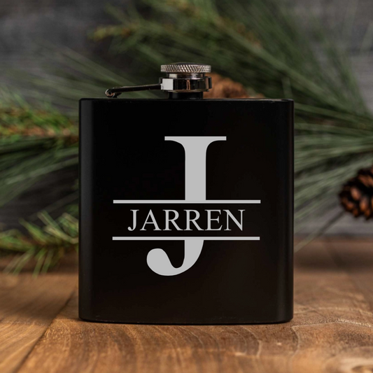 Engraved black powder coated 6oz flask - personalized groomsmen gift