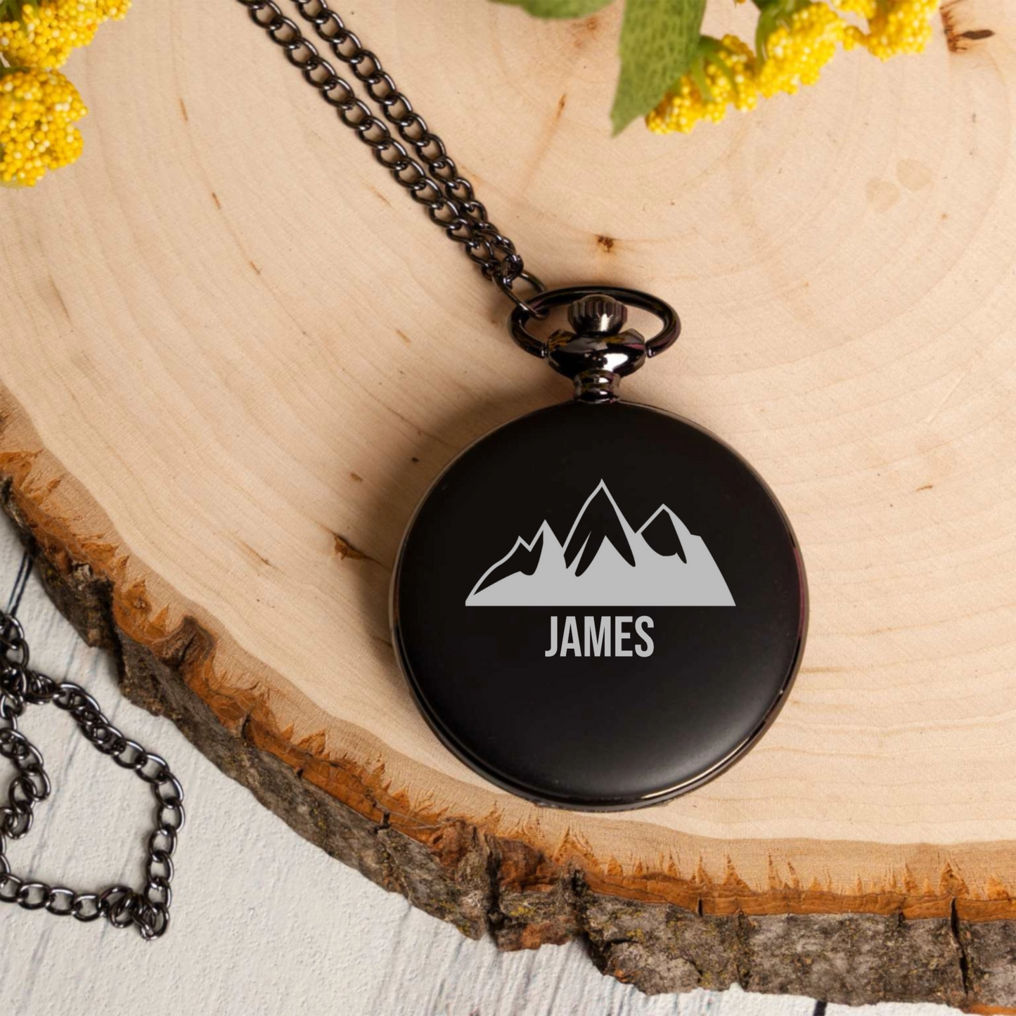 Black pocket watch with chain - personalized gift for him