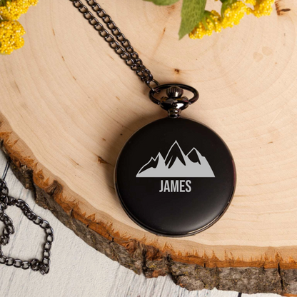 Black pocket watch with chain - personalized gift for him