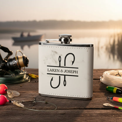 Custom engraved fishing themed flask leather wrap outdoor gift view 5