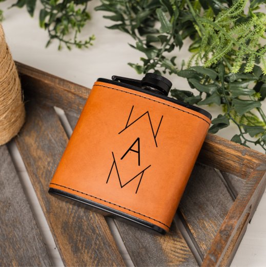 6oz leather wrapped flask in rawhide brown, engraved best man gift