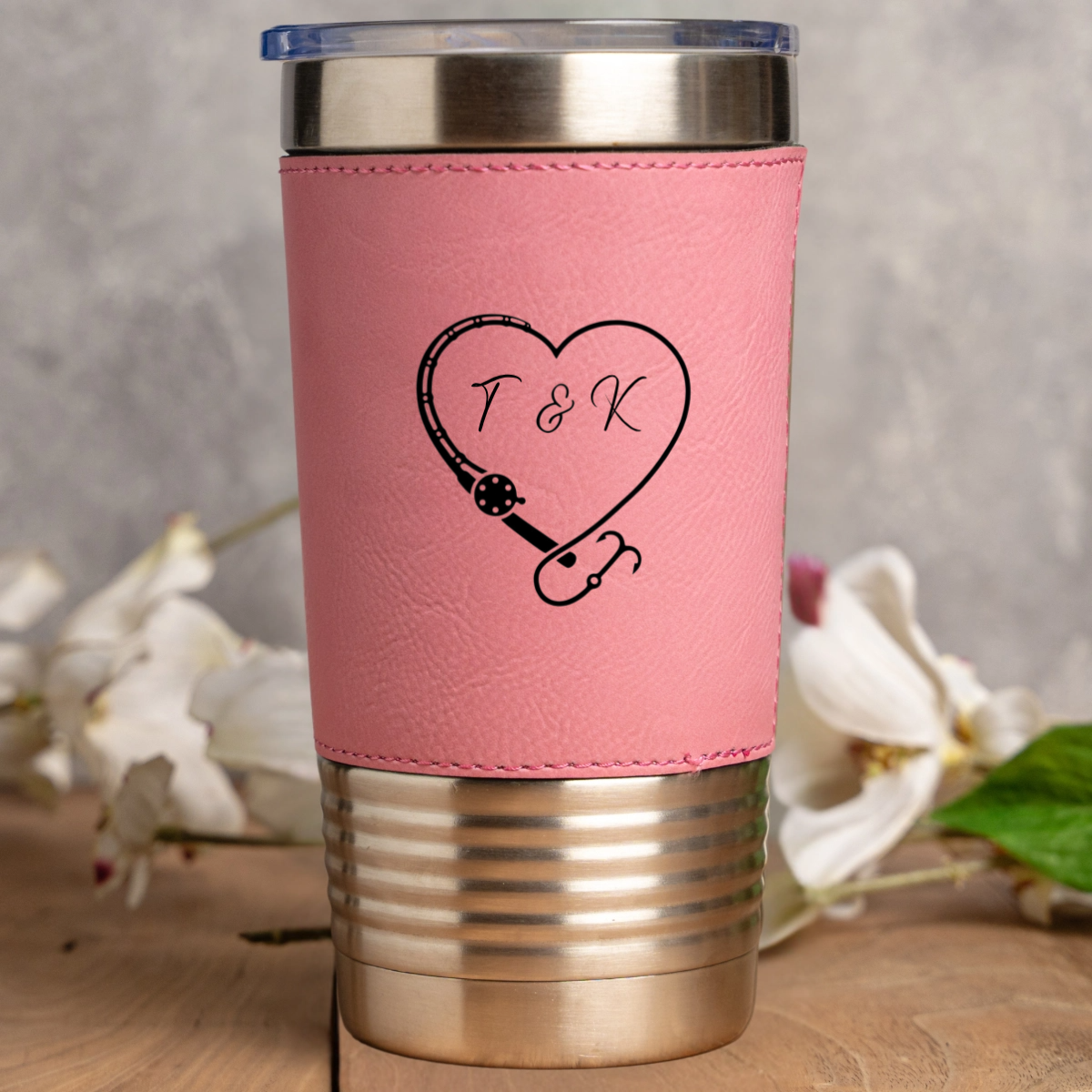 Fishing leather tumbler in Pink - personalized gift for her