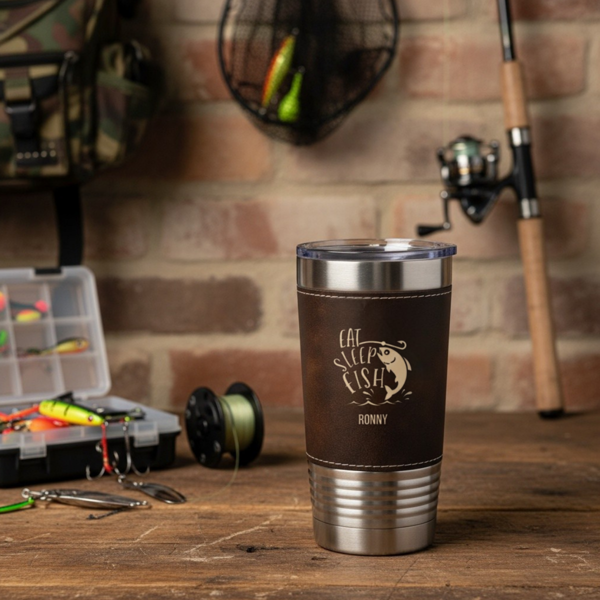 Fishing leather tumbler in Rawhide - groomsmen fishing gift