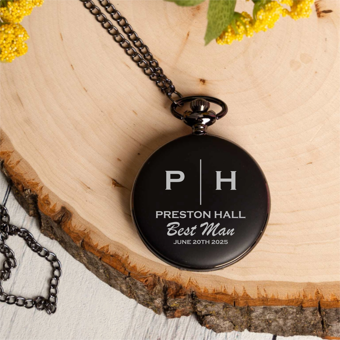 Engraved Black Pocket Watch - Groomsmen & Best Man