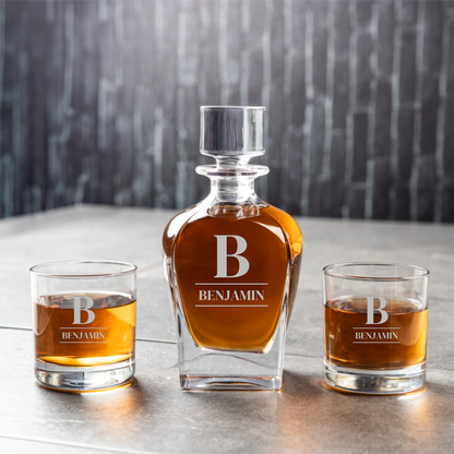 Bourbon decanter set on bar cart - Father's Day gift