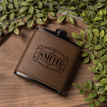 Personalized leather flask close-up showing custom monogram engraving