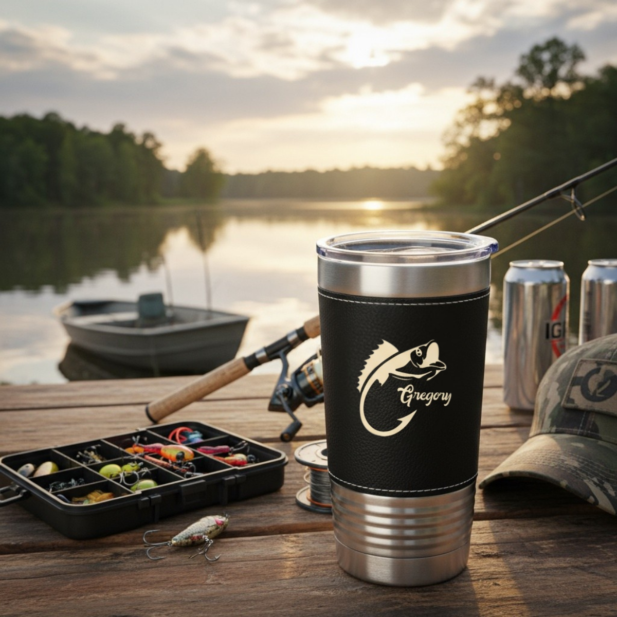 Fishing leather tumbler in Bamboo - custom fishing tumbler