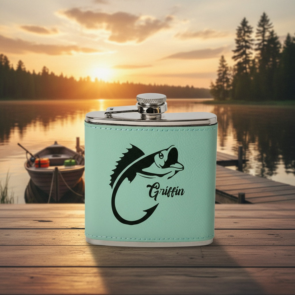 Engraved fishing flask vegan leather wrap angler birthday gift view 7