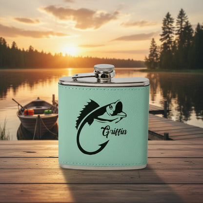 Engraved fishing flask vegan leather wrap angler birthday gift view 7
