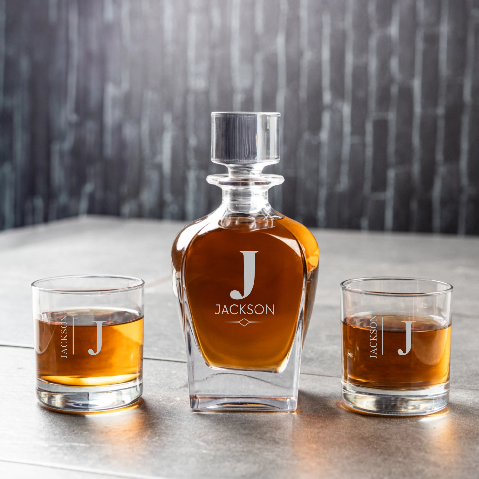 Engraved decanter and glasses detail - home bar gift