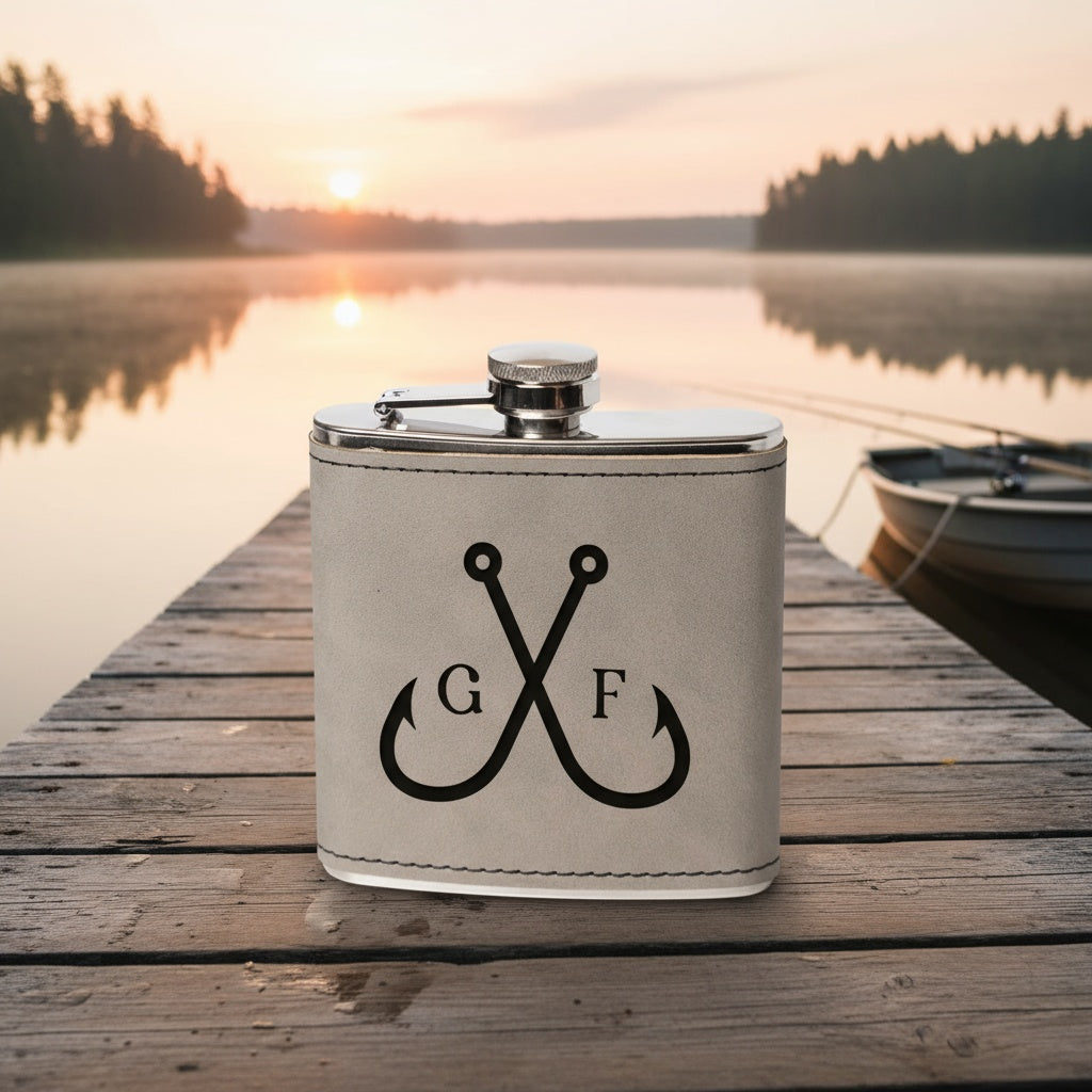 Custom leather wrapped flask fishing design stocking stuffer view 8