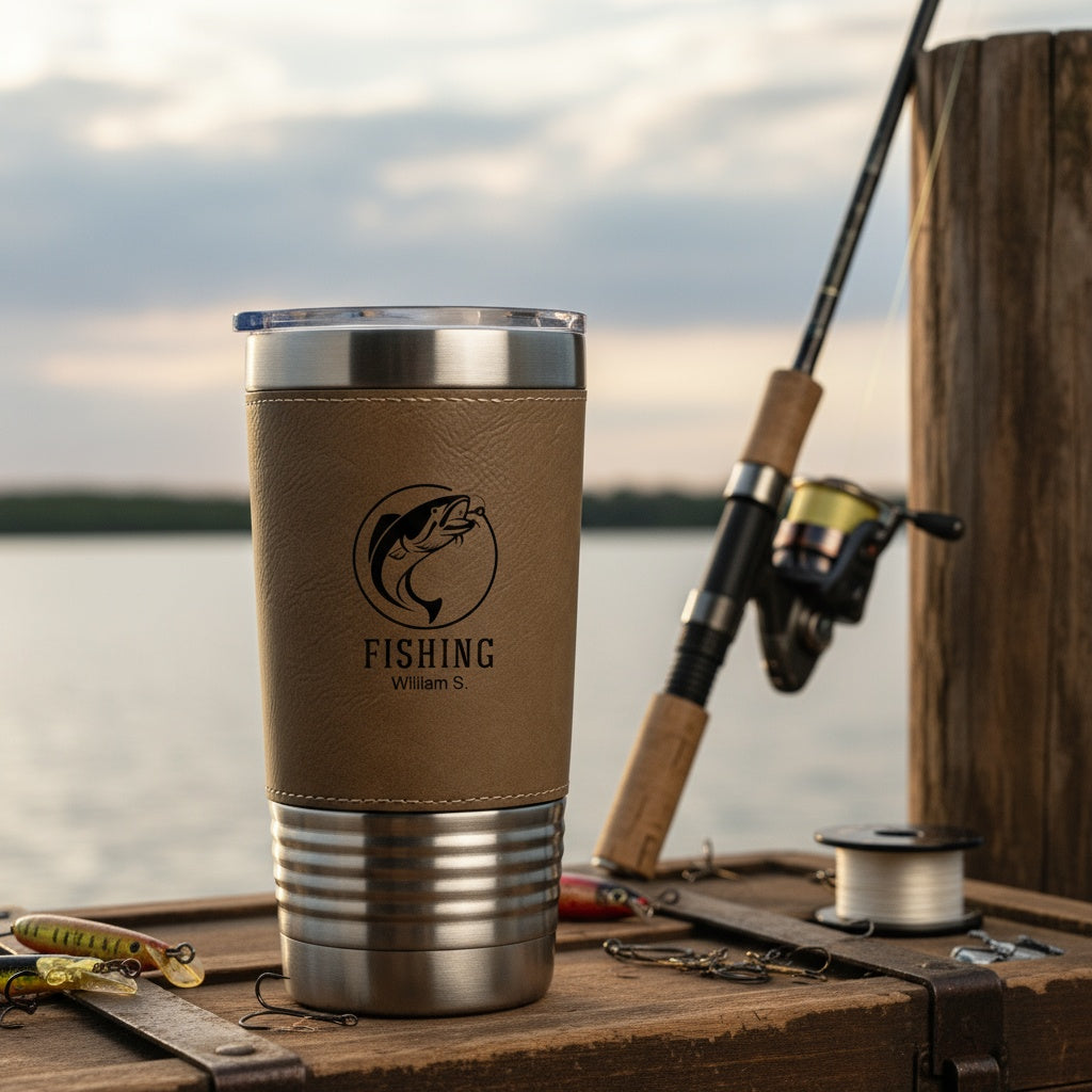 Fishing leather tumbler in Light Brown - retirement gift