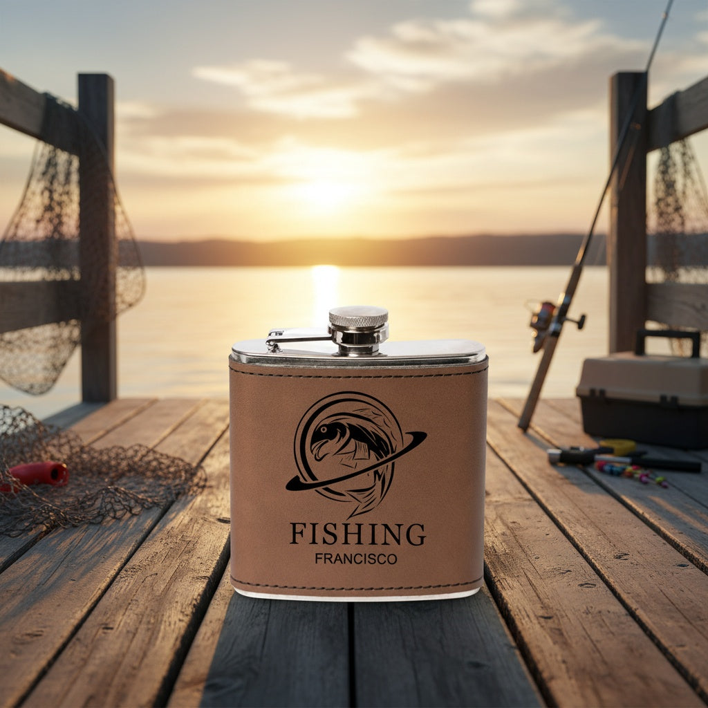 Personalized fishing flask vegan leather angler gift detail view 9