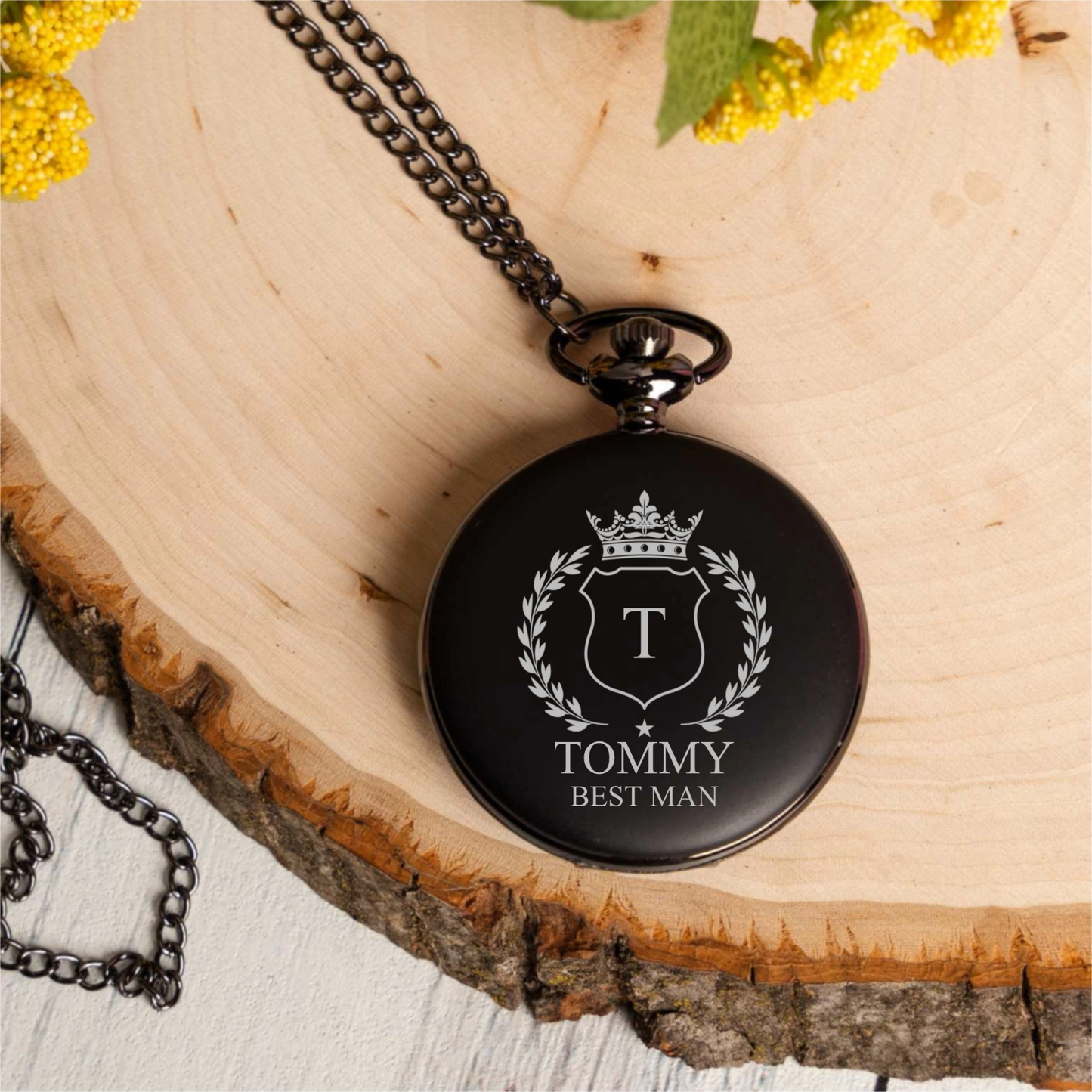 Engraved Black Pocket Watch - Groomsmen & Best Man