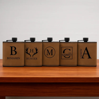 Set of 5 Groomsmen Black Leather Flasks