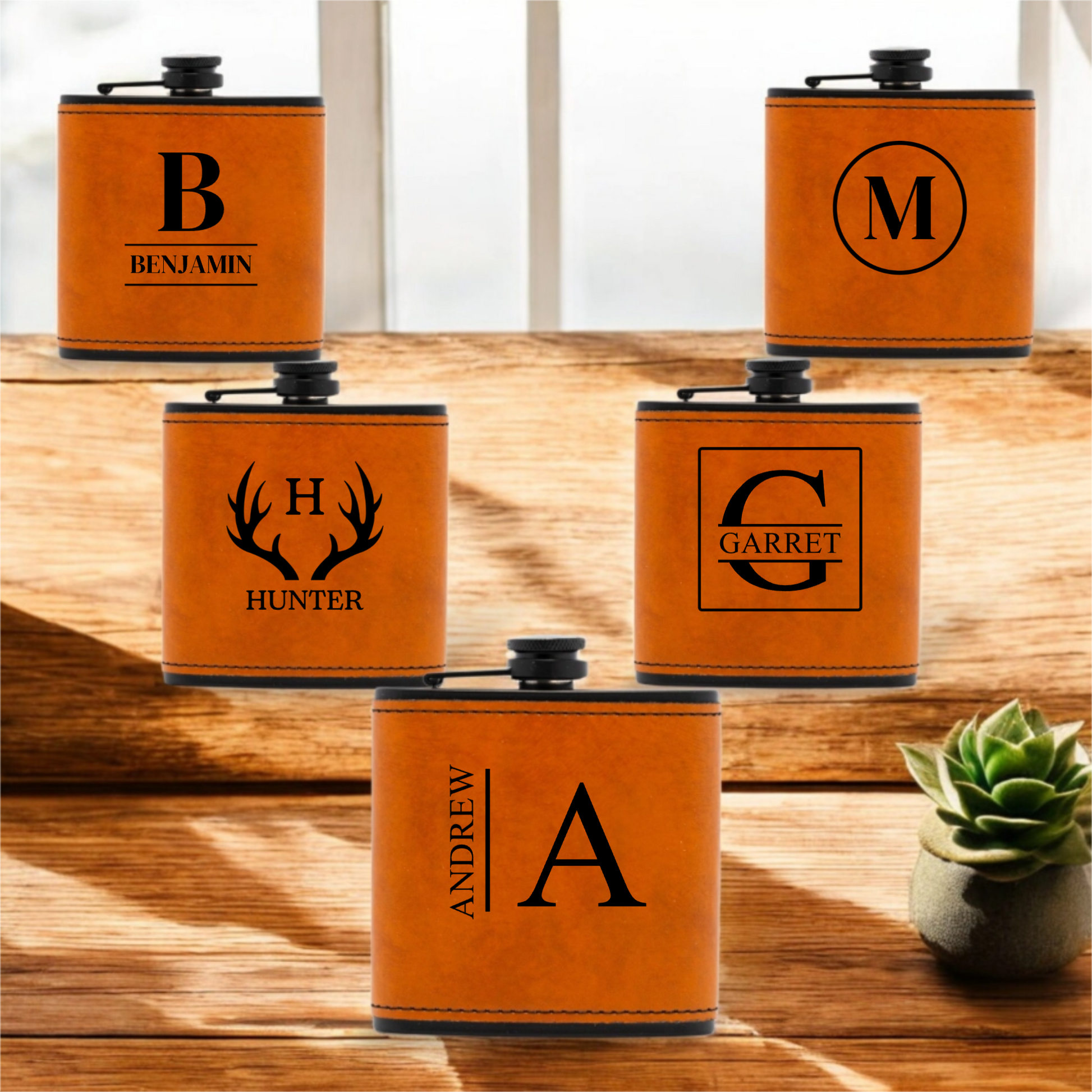 Five black leather flasks gift ready - bulk groomsmen gift