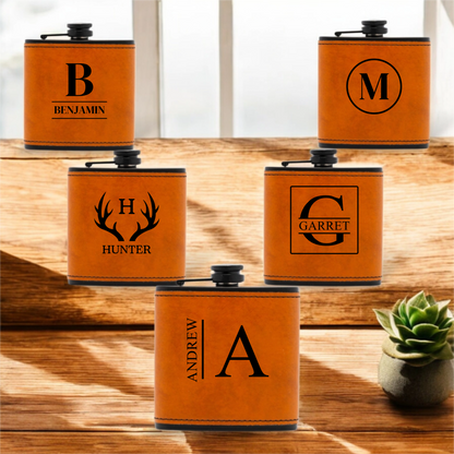 Set of 5 Groomsmen Black Leather Flasks