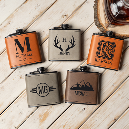 Set of 5 Groomsmen Black Leather Flasks