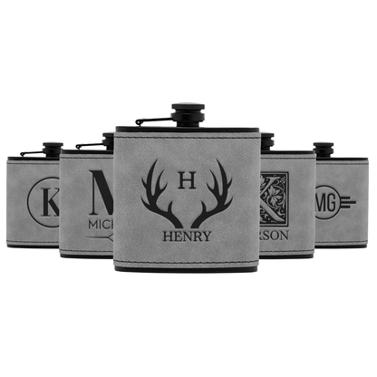 Set of 5 Groomsmen Black Leather Flasks