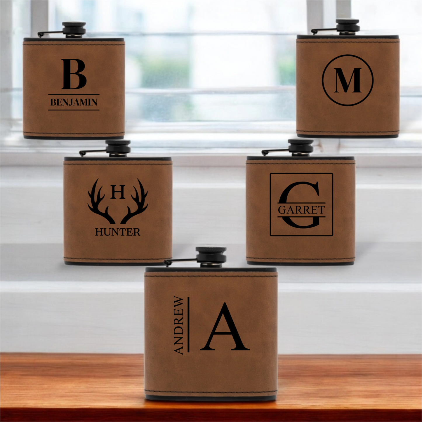 Set of 5 Groomsmen Black Leather Flasks