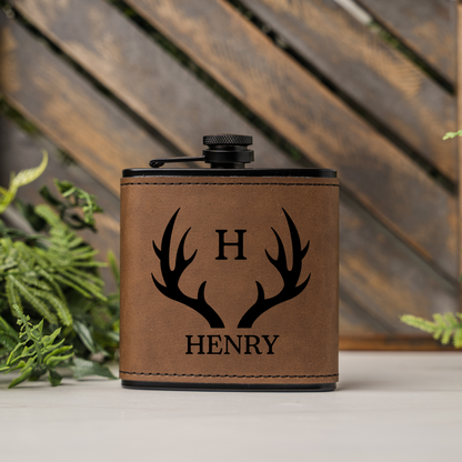 Set of 5 Groomsmen Black Leather Flasks