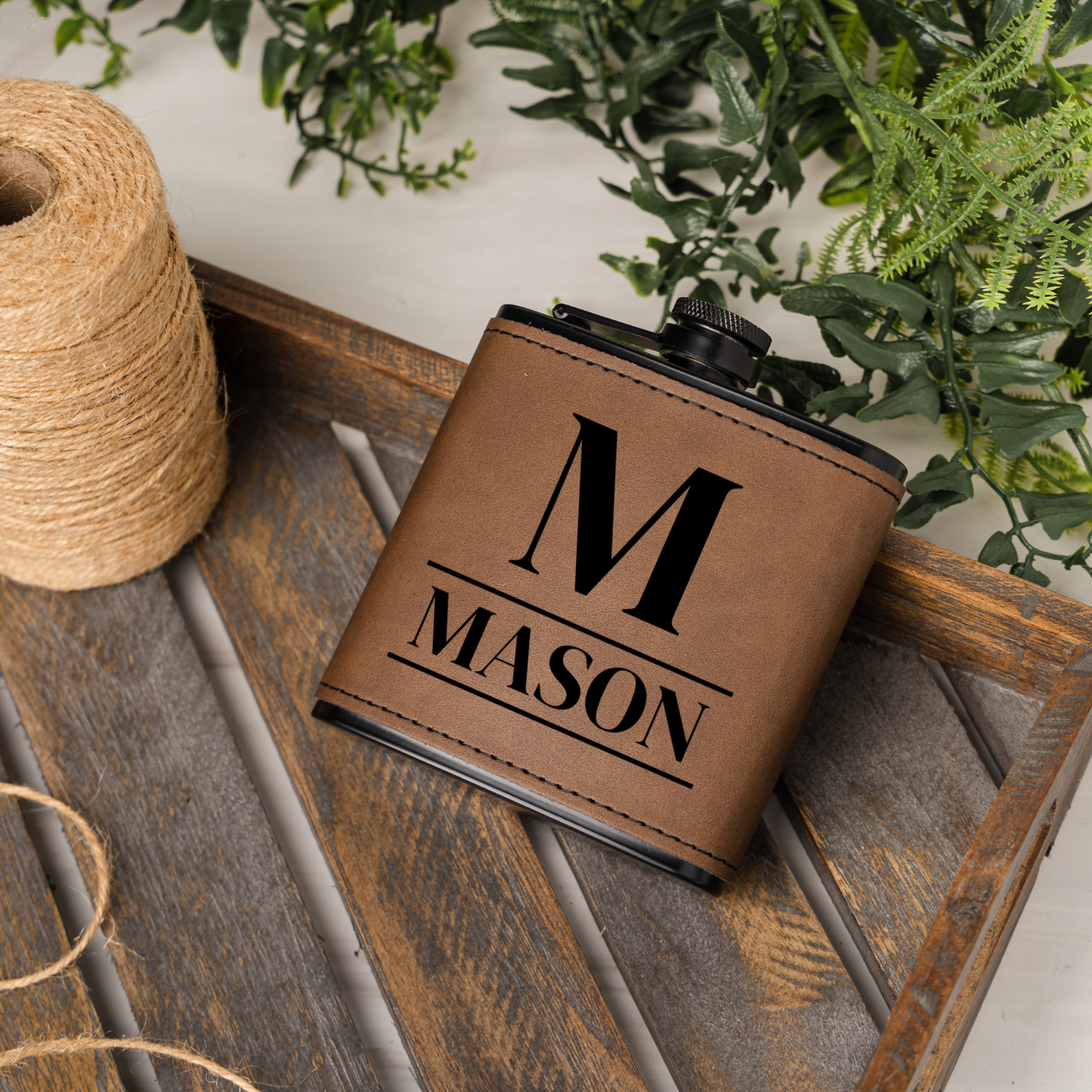 Set of 5 Groomsmen Black Leather Flasks