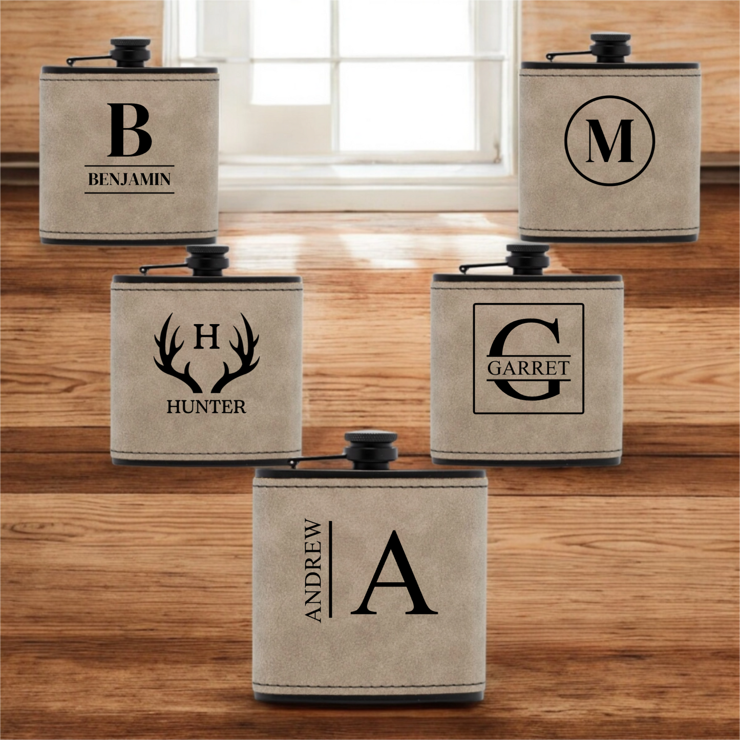 Set of 5 Groomsmen Black Leather Flasks