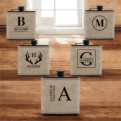 Set of 5 Groomsmen Black Leather Flasks