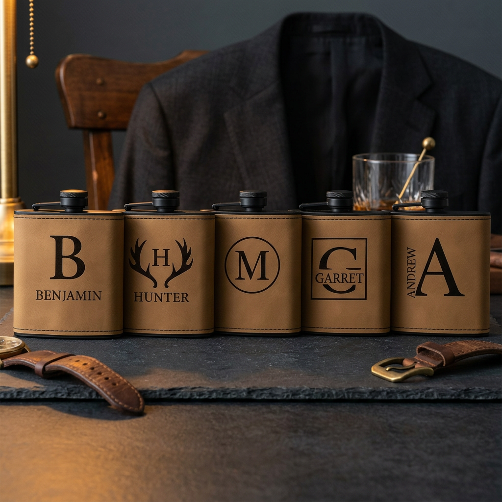 Set of 5 Groomsmen Black Leather Flasks