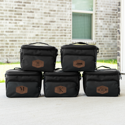 Custom cooler with engraved leather patch - best man gift