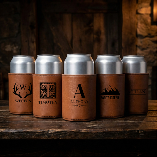 Set of 5 Custom Leather Can Coolers - bulk groomsmen gift