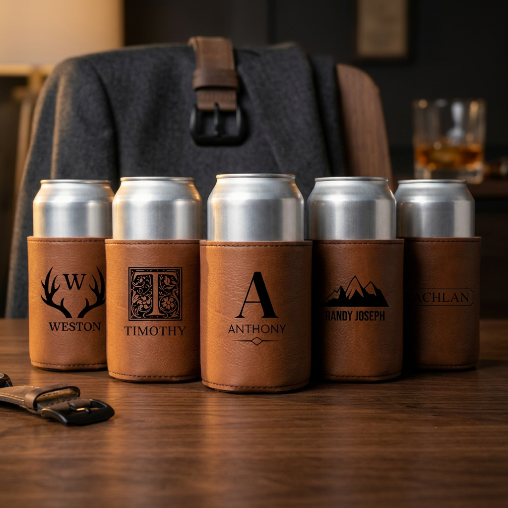 Set of 5 Groomsmen Custom Leather Can Coolers