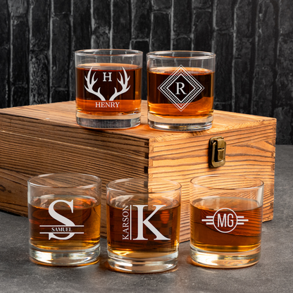 Engraved whiskey glasses arranged in set of 5 - best man gift set