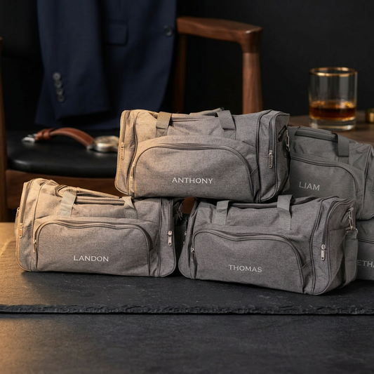 Set of 5 Groomsmen Grey Duffle Bags - personalized groomsmen gift set