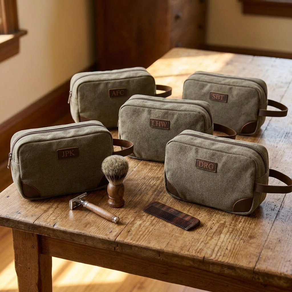 Grey groomsmen toiletry bag with engraved leather patch, personalized travel gift