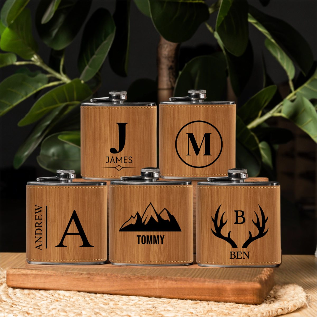 Groomsmen leather wrapped flask set personalized gift bundle view 1