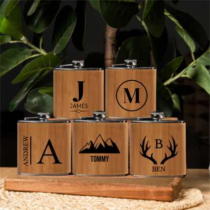 Groomsmen leather wrapped flask set personalized gift bundle view 1