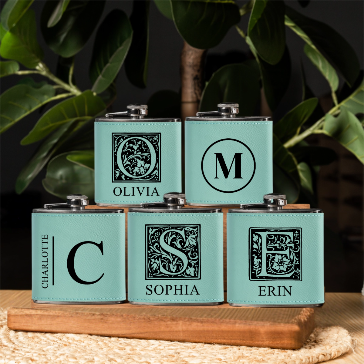 Custom leather wrapped flask gift set wedding party view 10