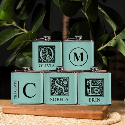 Custom leather wrapped flask gift set wedding party view 10