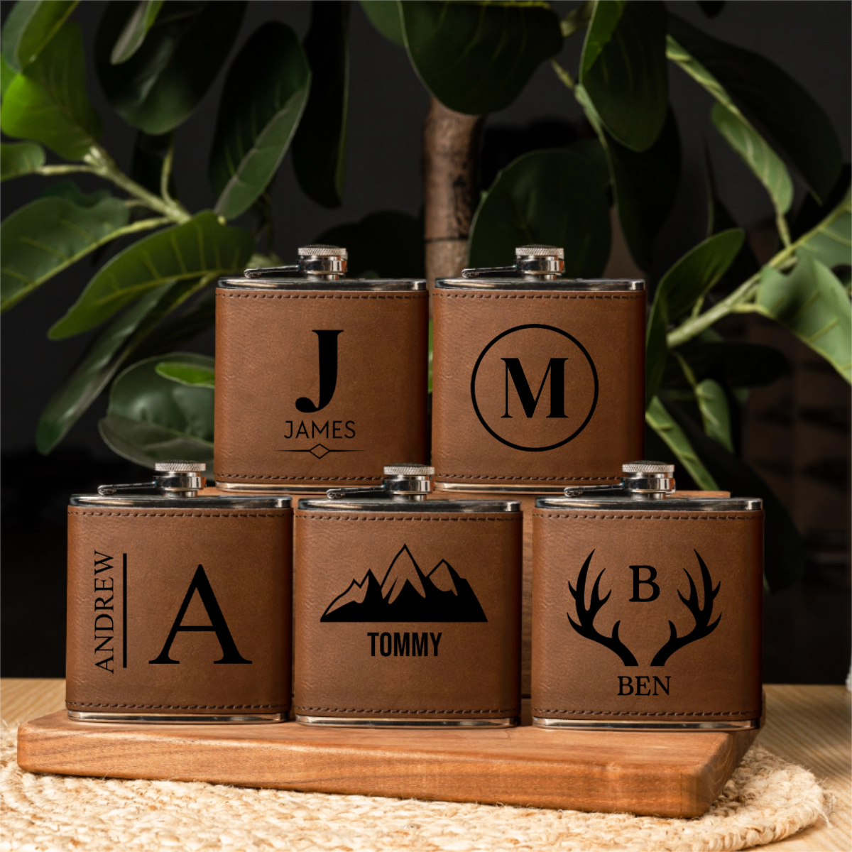 Engraved leather wrapped flask groomsmen gift set view 2