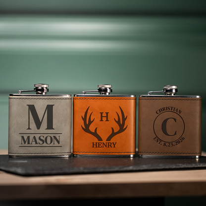 Personalized vegan leather wrapped stainless flask groomsmen gift view 3