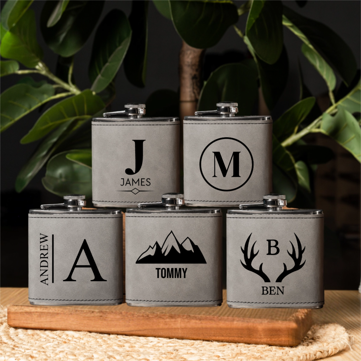 Custom engraved leather flask set of 5 wedding party gift view 4