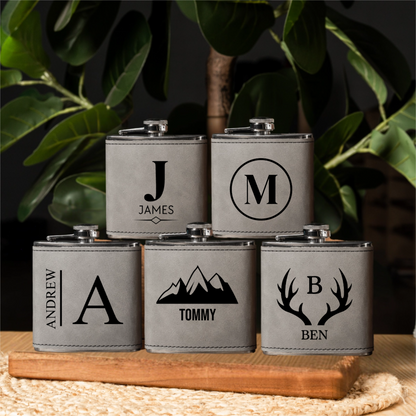 Custom engraved leather flask set of 5 wedding party gift view 4