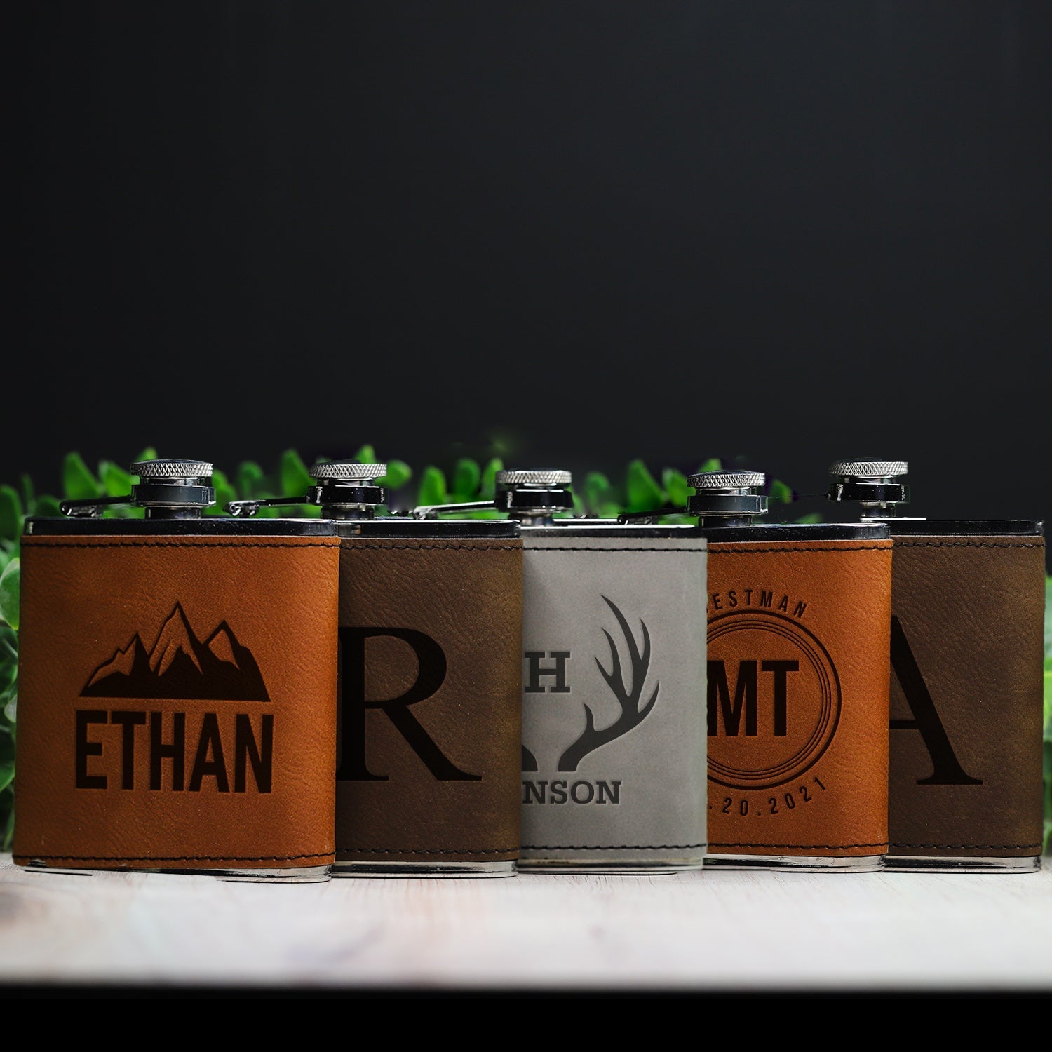 Set of 5 groomsmen leather wrapped stainless flasks lineup - wedding party gift