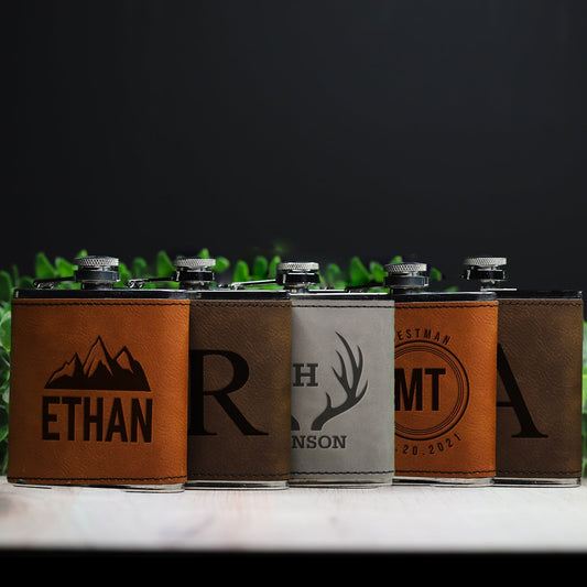 Set of 5 groomsmen leather wrapped stainless flasks lineup - wedding party gift