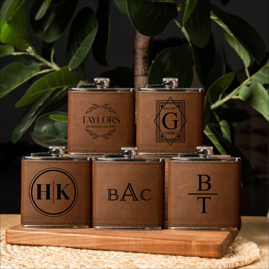 Set of 5 Leather Wrapped Flasks Reserve Collection - bulk groomsmen gift