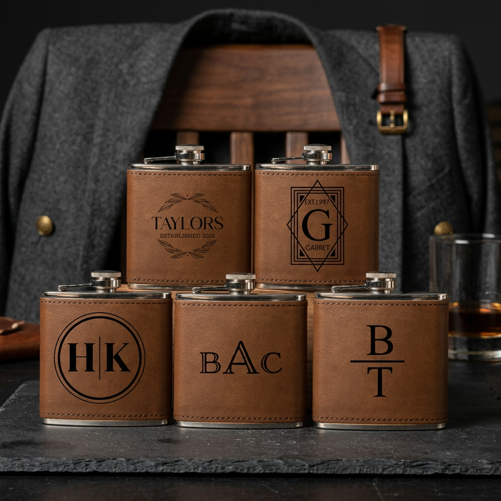 Set of 5 Groomsmen Leather Wrapped Stainless Flasks - Reserve Collection gift set
