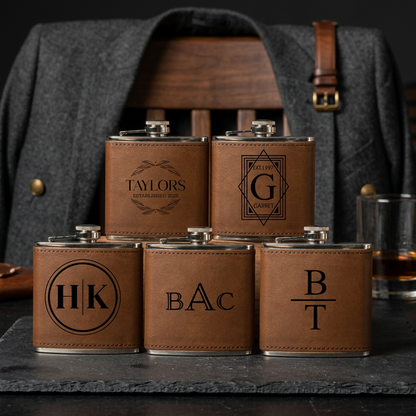 Set of 5 Groomsmen Leather Wrapped Stainless Flasks - Reserve Collection gift set